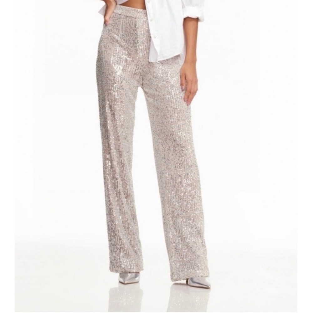 Cable & Gauge Womens champagne Sequin Wide Leg Pants Elastic Waist Size M Party